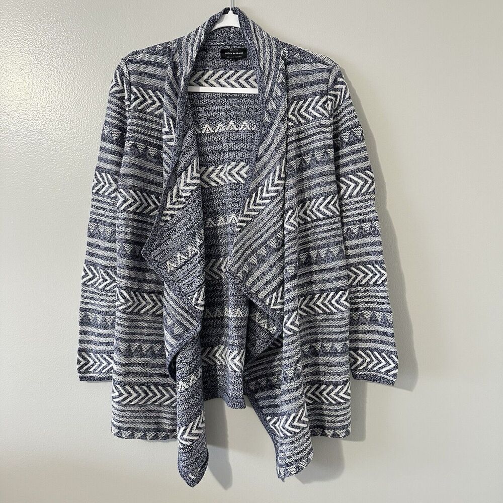 Lucky Brand Womens Sz M Aztec Drape Cardigan Sweater Waterfall Open Front Wrap